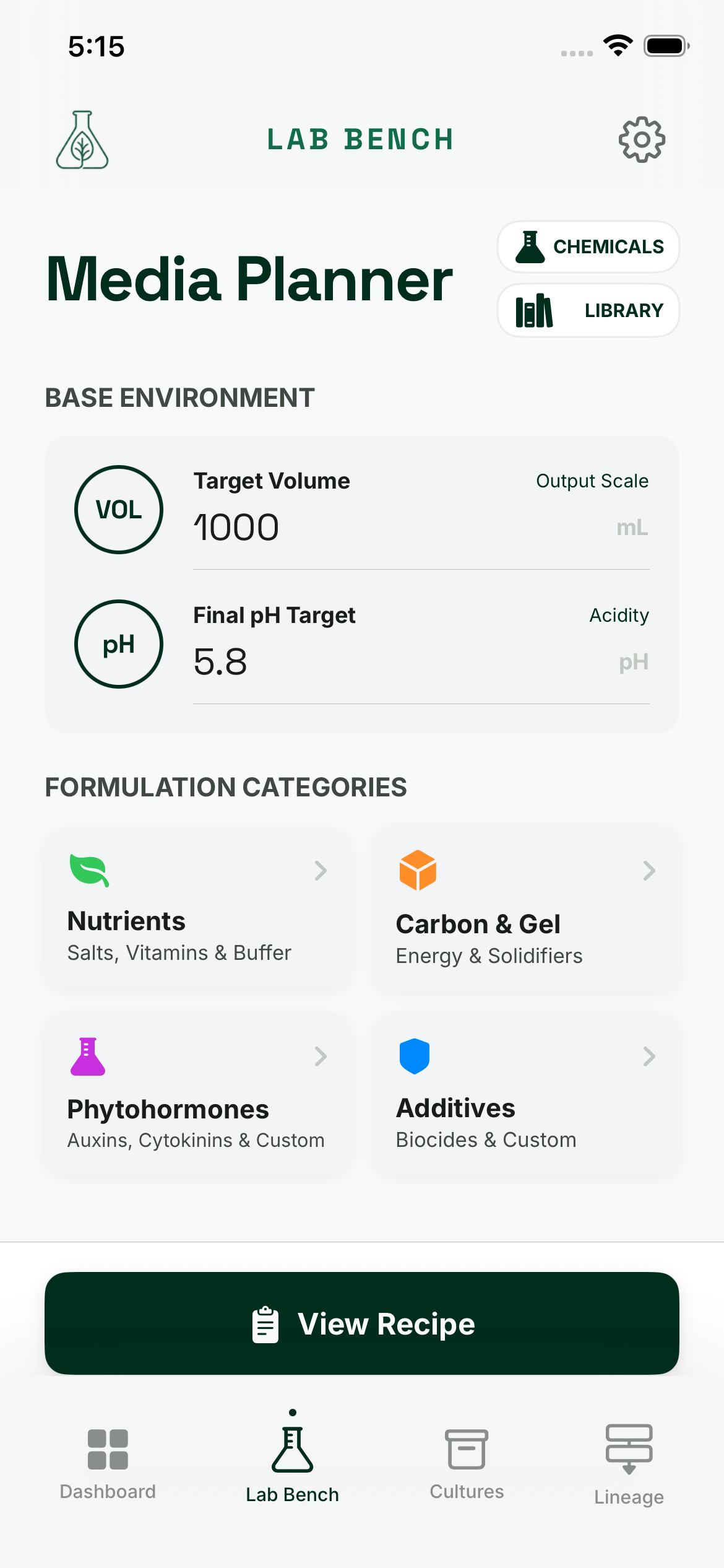 Media formulation planner with precise ingredient calculations
