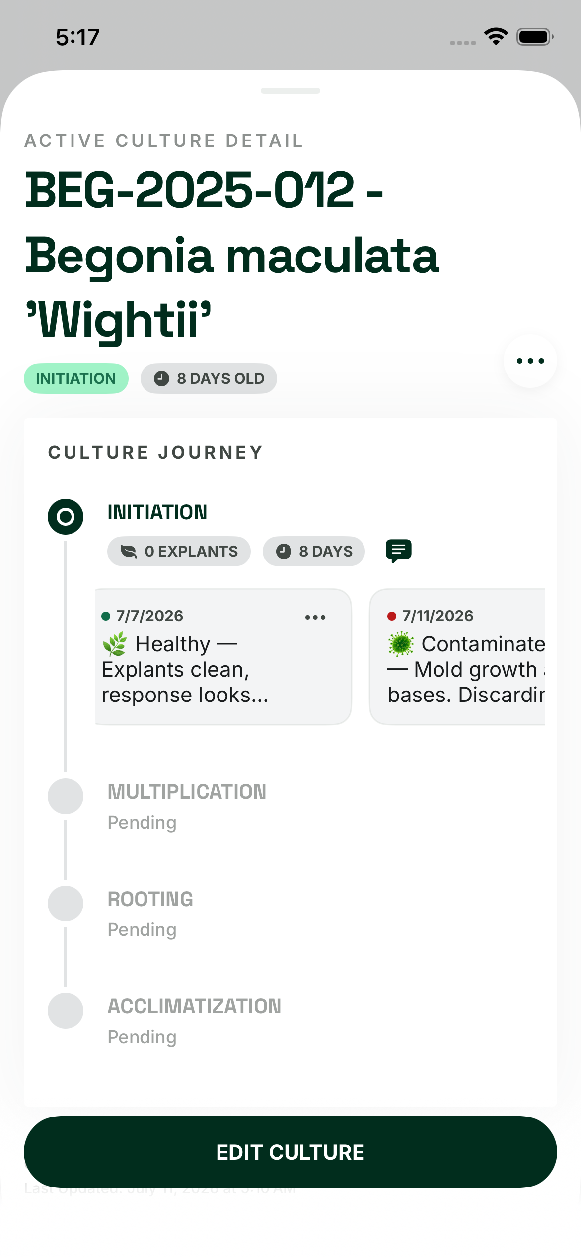 Culture journey timeline showing observation and contamination events